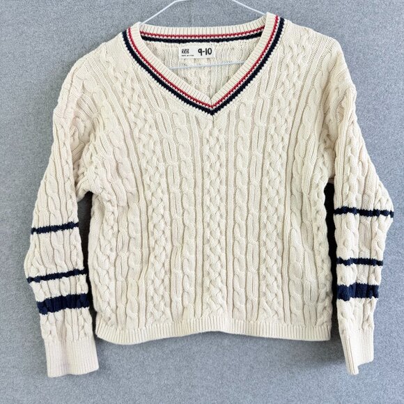 Cotton On Kids Cable Knit V-Neck Sweater Cream Navy Stripes Sz 9-10 - Picture 1 of 11